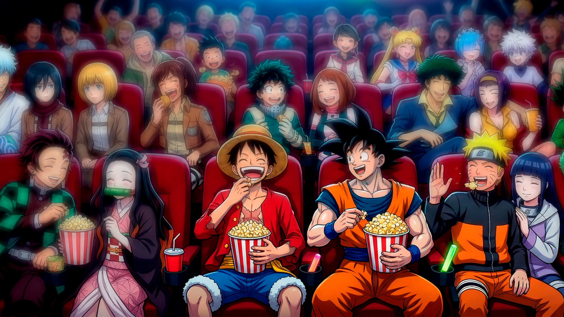 Ilustração corporativa flat com personagens de filmes de anime variados em fundo colorido com controles remotos, pipoca e tela de cinema