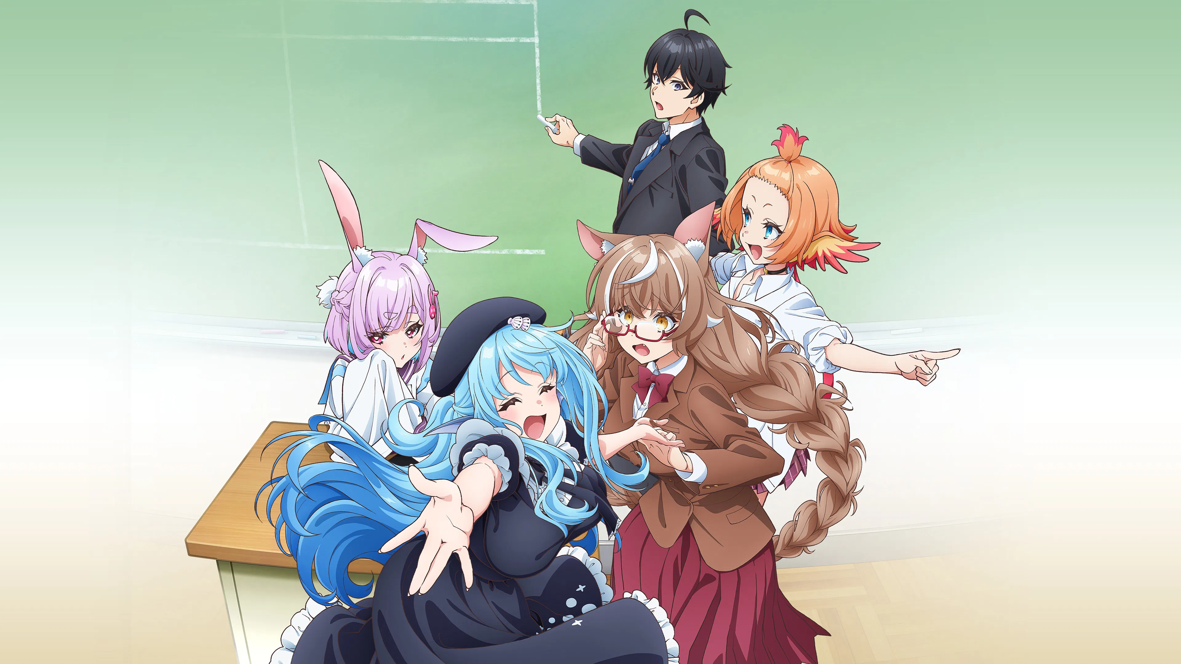 Professor humano em sala de aula com alunas demi-humanas em estilo anime