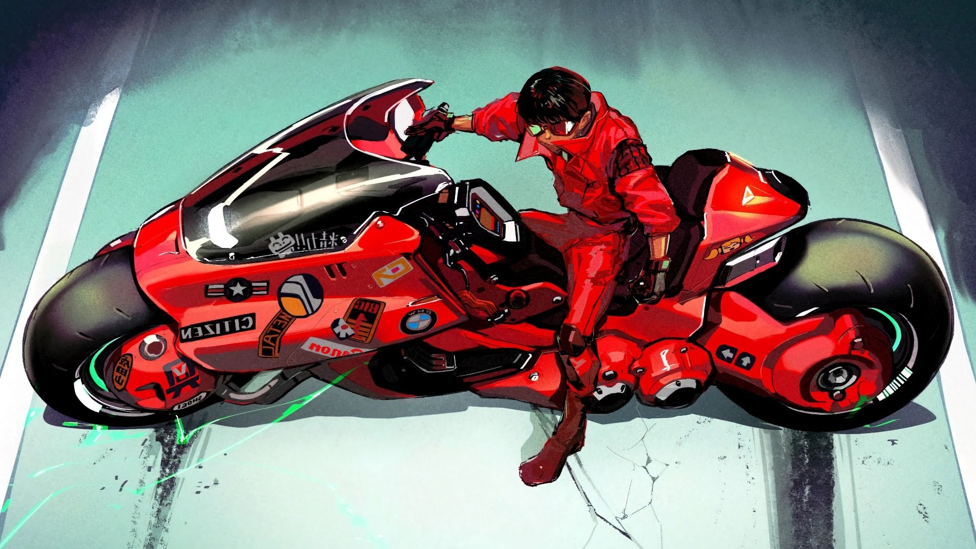 Imagem de Akira com Kaneda derrapando a moto.