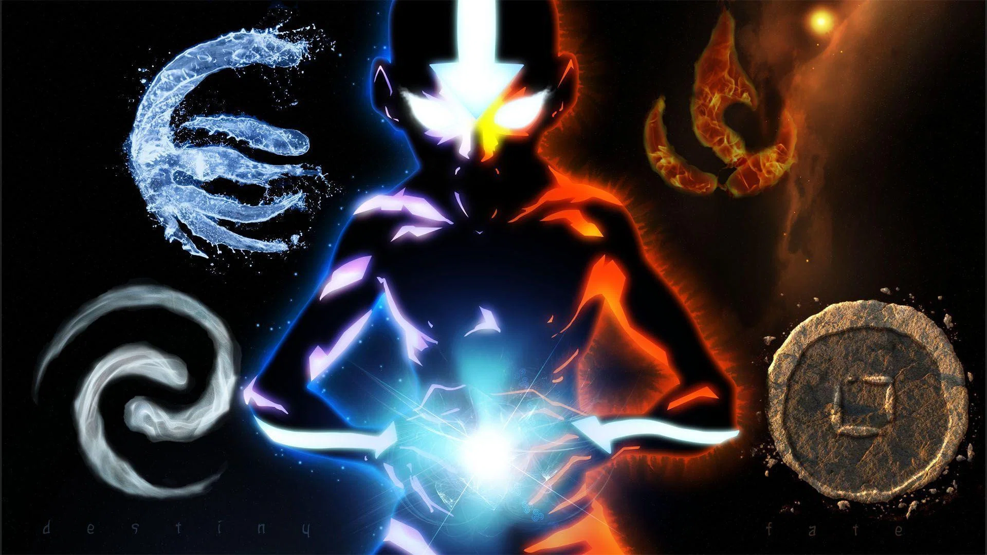 Capa do Guia de Avatar com o Aang em estado avatar mostrando os 4 elementos em volta
