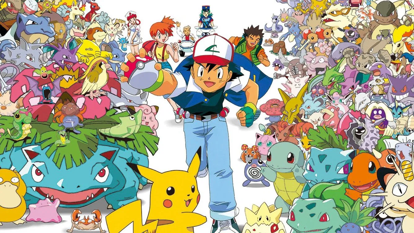 Imagem de fundo de Pokemon com o Ash e vários personagens