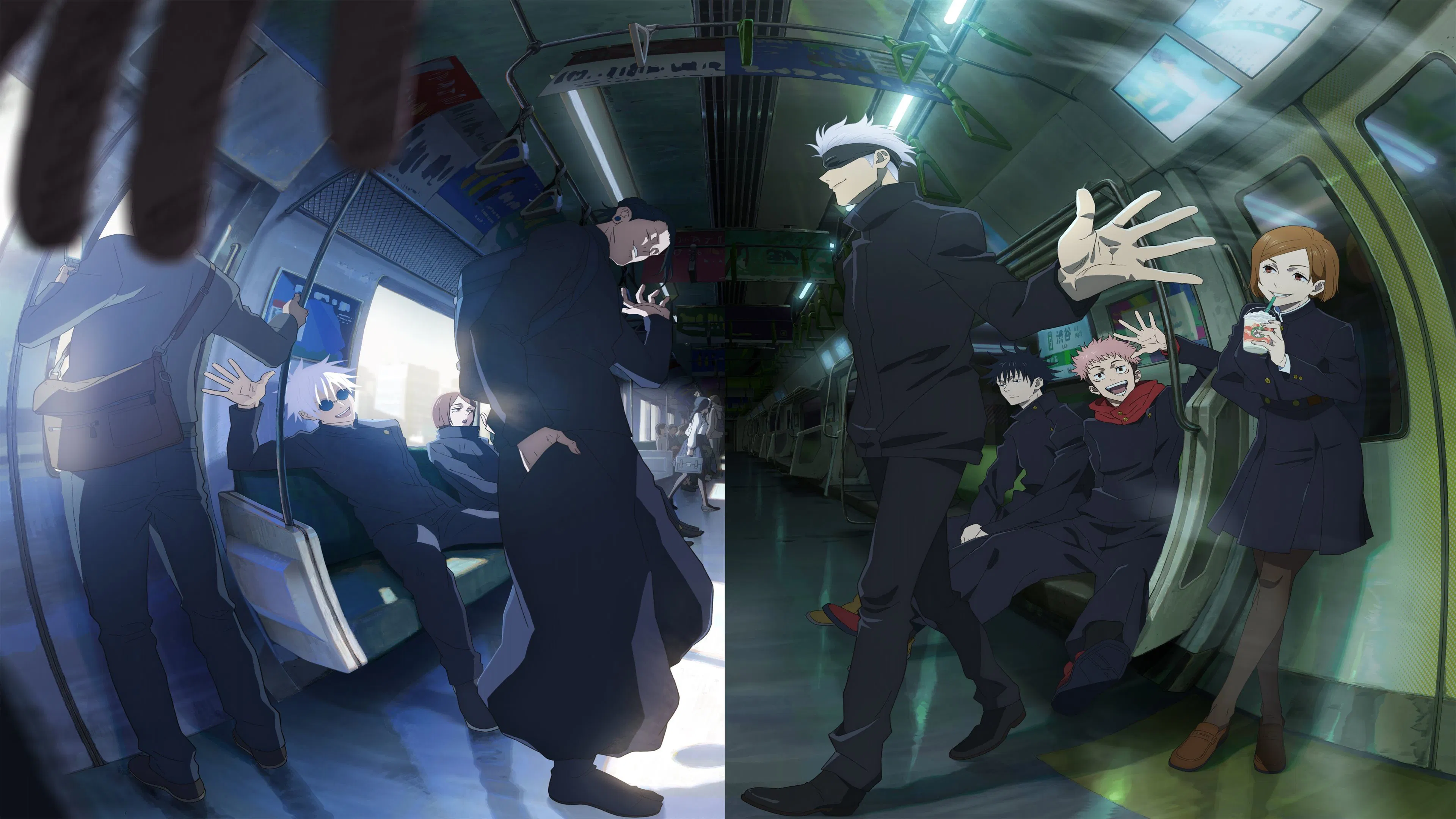capa da franquia Jujutsu Kaisen com os personagens num metrô