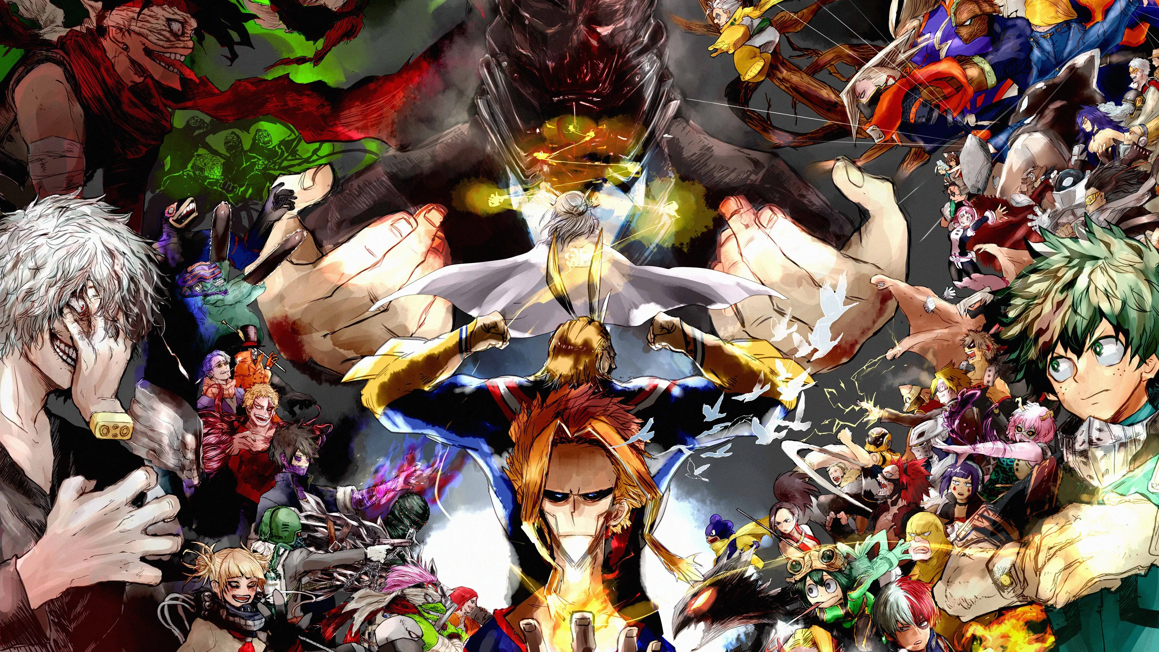 Imagem de fundo da franquia mostrando os personagens de My Hero Academia