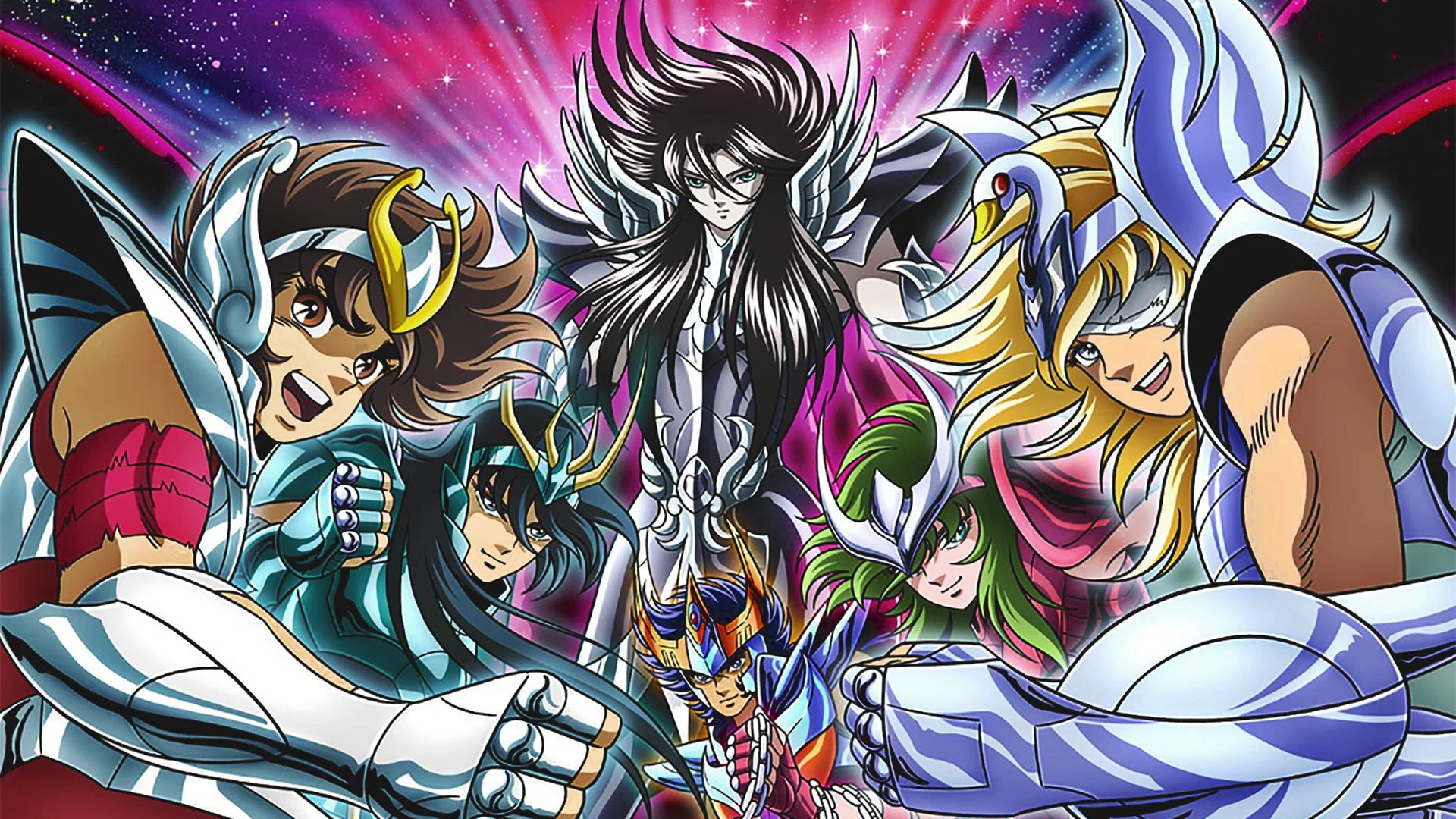 Imagem de fundo da franquia de Os Cavaleiros do Zodíaco mostrando personagens do anime.