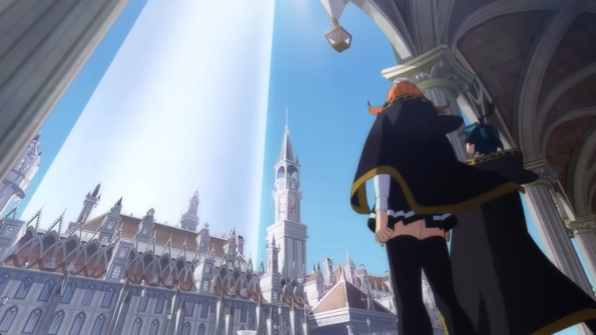 Cena do anime - Personagens olhando para o Céu e para a Torre Mercedes
