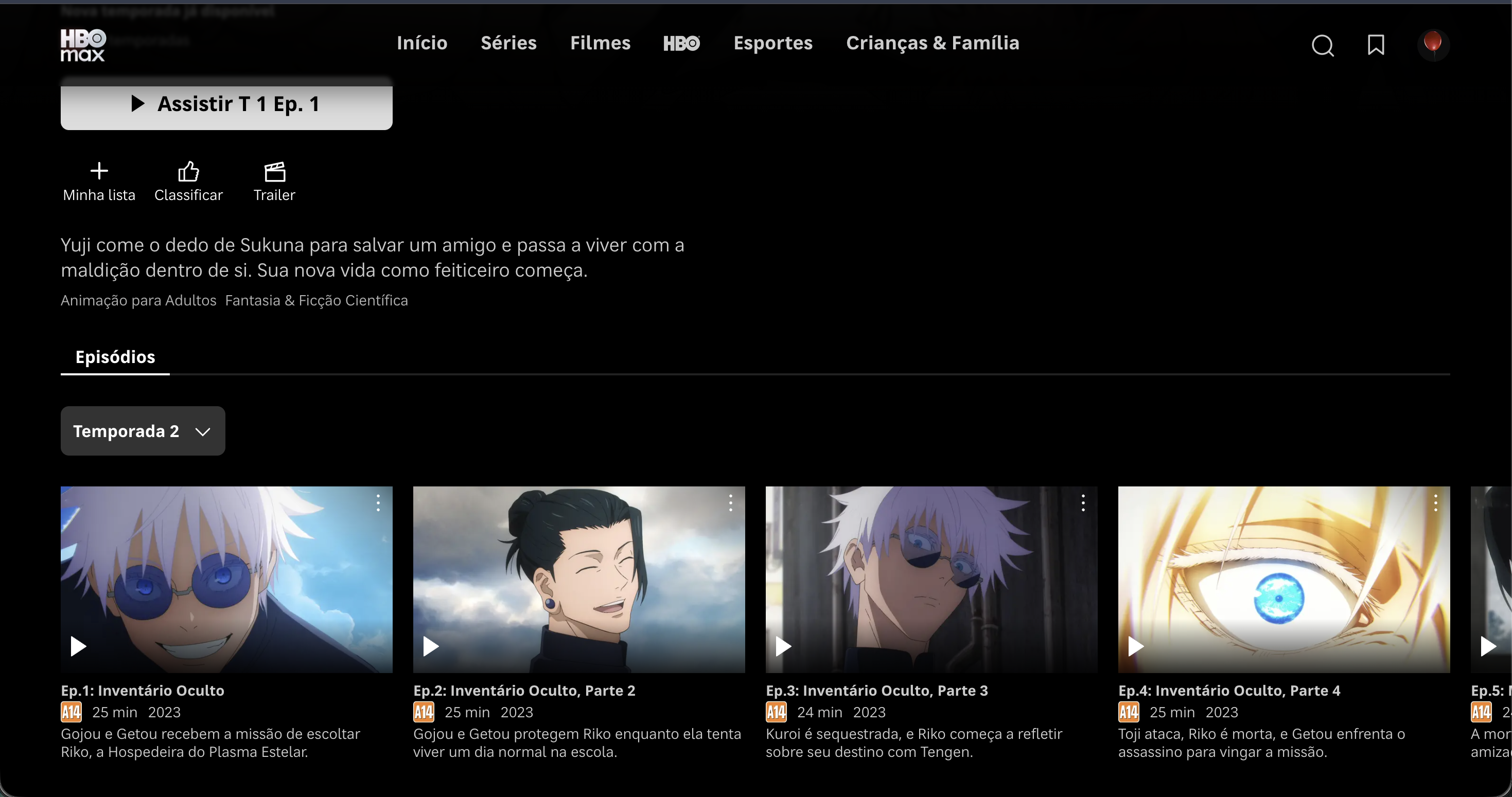 Lista de episódios de Jujutsu Kaisen disponíveis na HBO Max