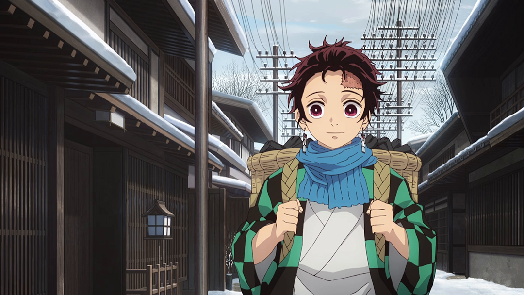 Tanjiro na Primeira Temporada de Demon Slayer com a cesta de Carvão