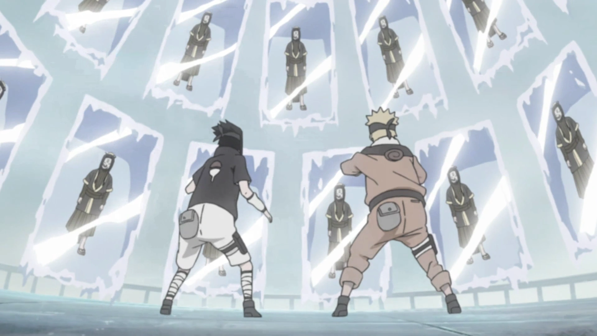 Naruto e Sasuke enfrentando o Kekkei Genkai Hyouton de Haku em Naruto Clássico