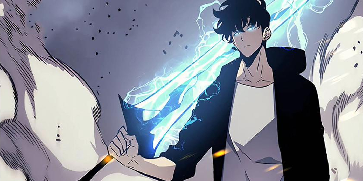 Sung Jinwoo segurando uma espada em Solo Leveling