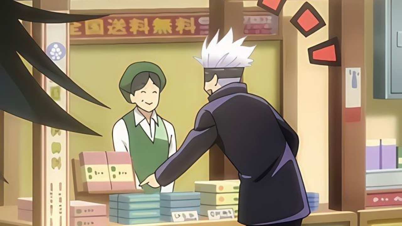 Satoru Gojo em momento cotidiano comendo doces