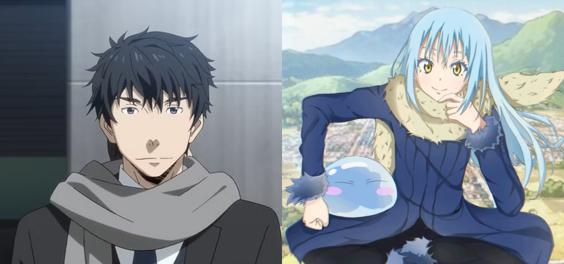 Satoru Mikami antes de renascer como Rimuru / Imagem do Rimuru com forma humana e de slime