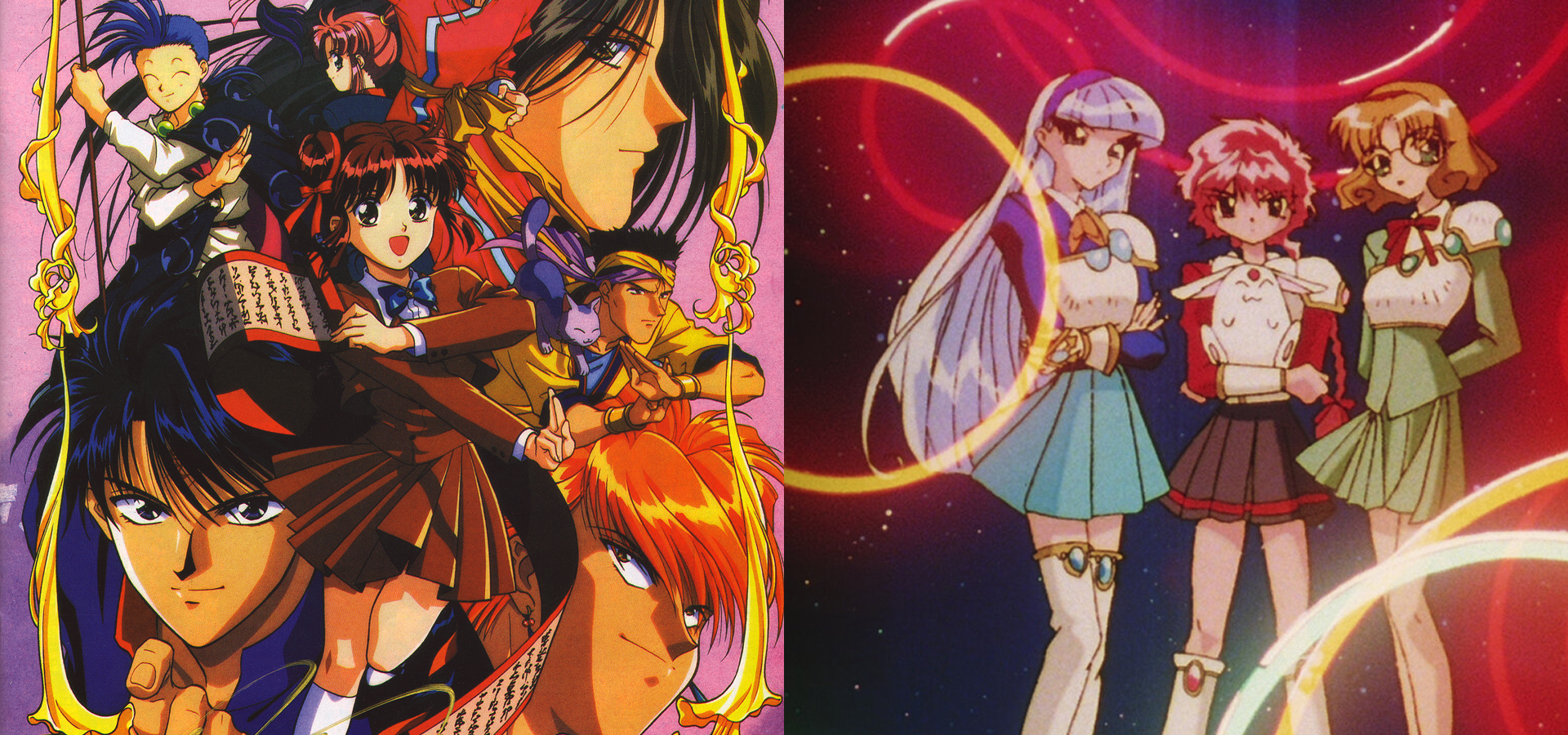 Imagem: Comparação visual entre Magic Knight Rayearth e Fushigi Yuugi, isekais dos anos 90