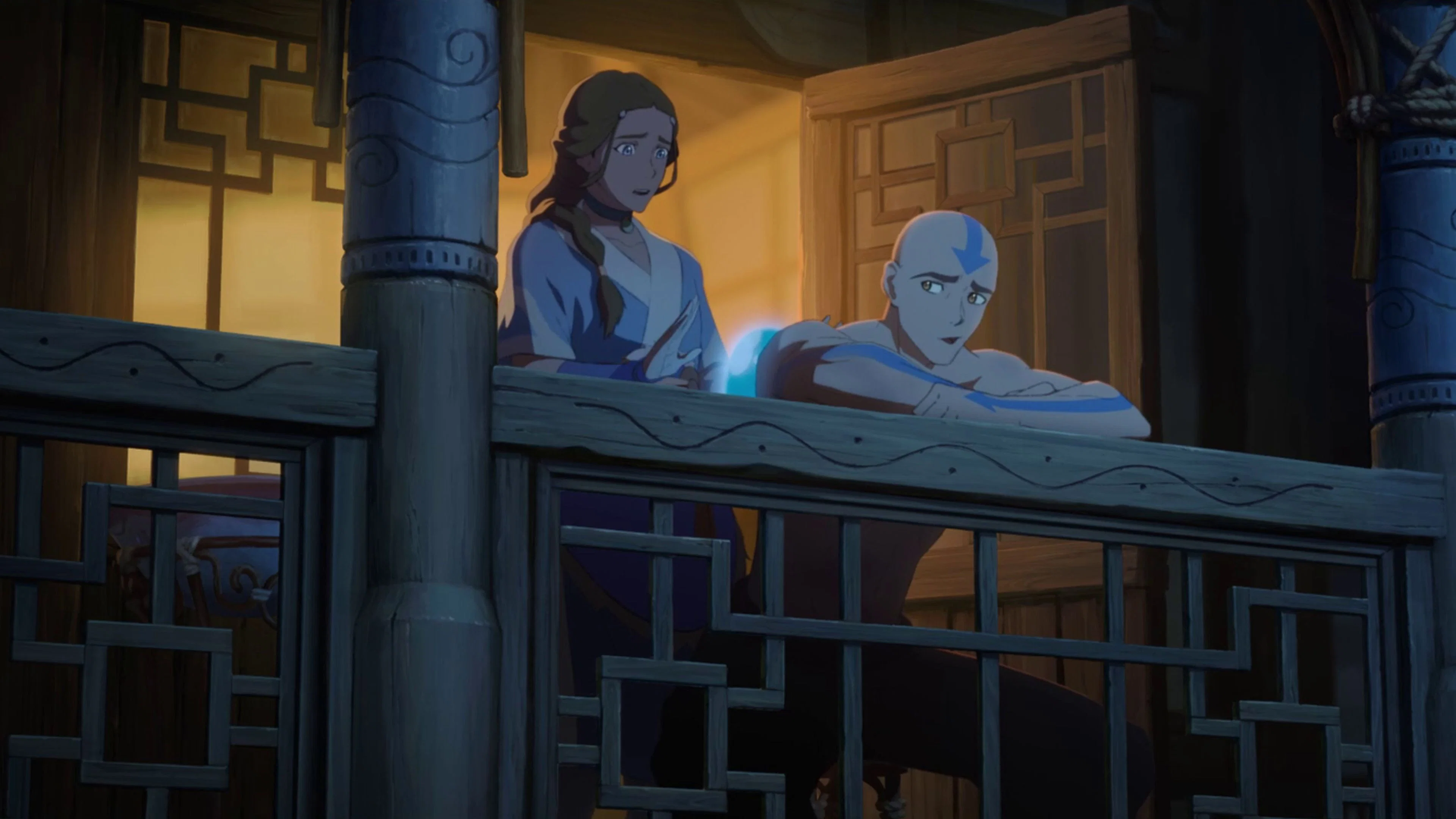 Frame do trailer de Avatar Aang mostrando Katara e Aang mais velhos