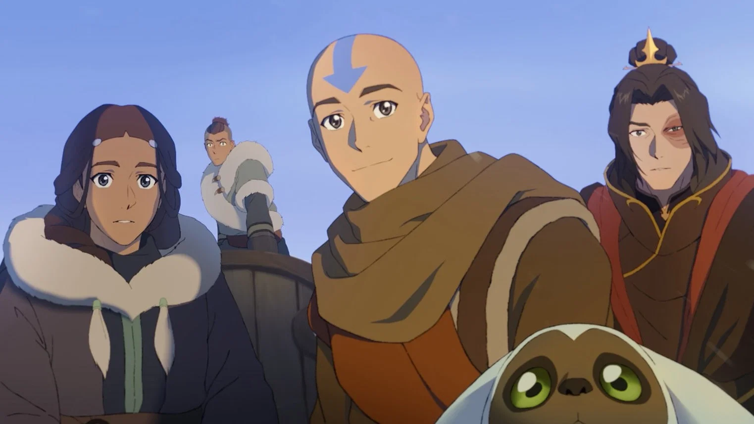 Katara, Aang, Zuko e Sokka em frame do trailer de Avatar Aang